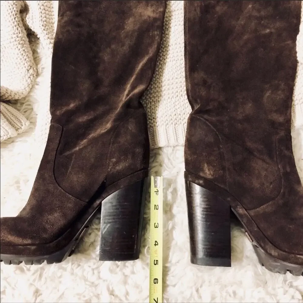 MICHAEL KORS Chocolate Brown Suede Leather Knee High Chunky Heel Boot Boots 9